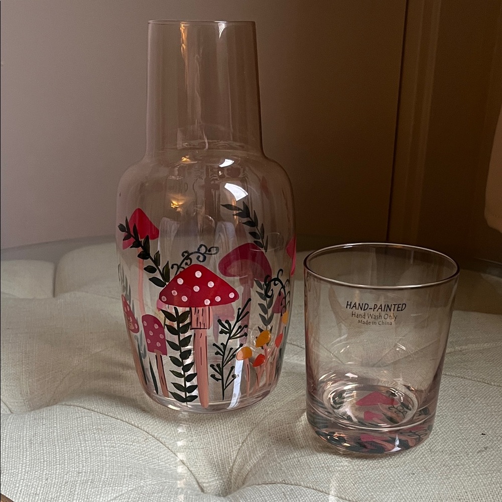 Mushroom and Botanical Hand Painted Glass Carafe Set Cottagecore Boho Retro - Picture 6 of 8